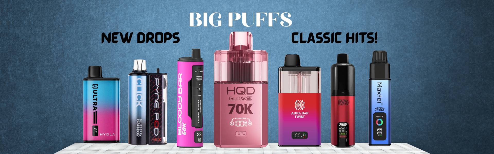 Vape devices with colorful packaging on a blue background, featuring text 'New Drops' and 'Classic Hits'.