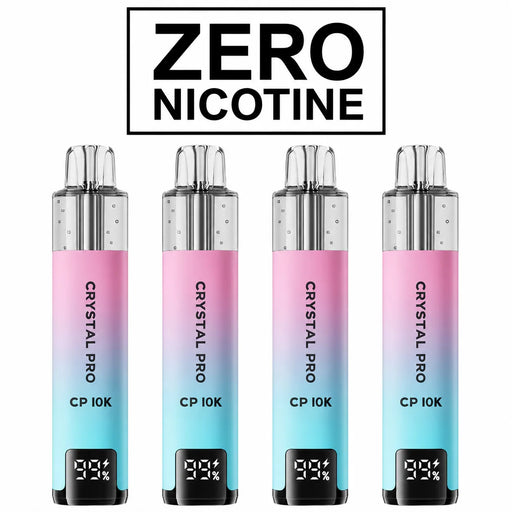Four Crystal Pro CP 10K vape devices with gradient colors on a white background, featuring 'Zero Nicotine' text at the top.