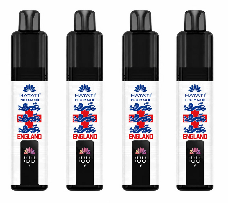 Four black and white vape devices with 'HAYATI' branding and 'England' text on a white background.