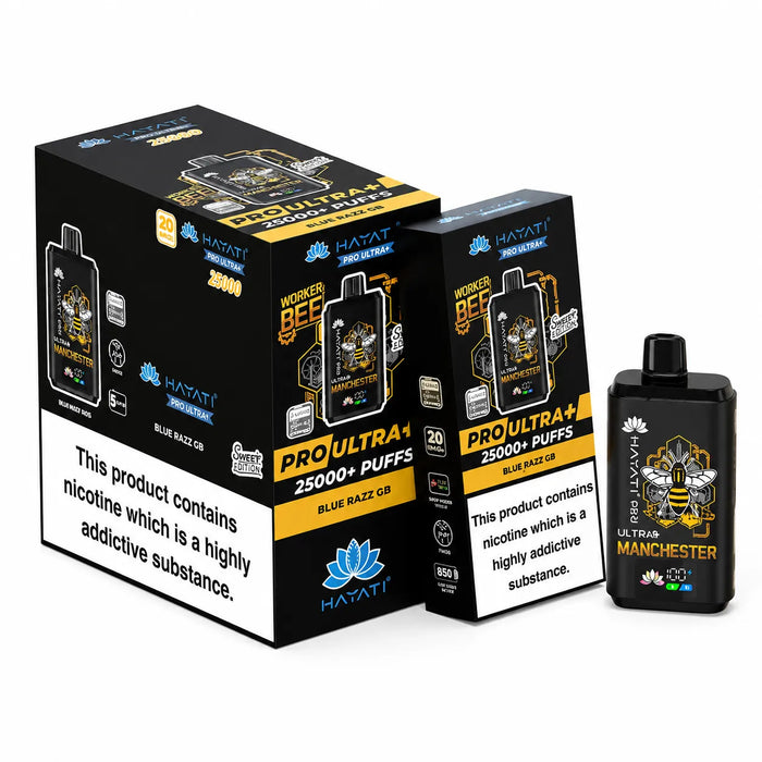 Hayati Pro Ultra Plus 25000 Manchester Bee Blue Razz GB vape kit box and device with 20mg nicotine strength