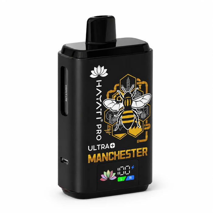 Hayati Pro Ultra Plus 25000 Manchester Bee 20mg prefilled pod vape kit with five flavour options